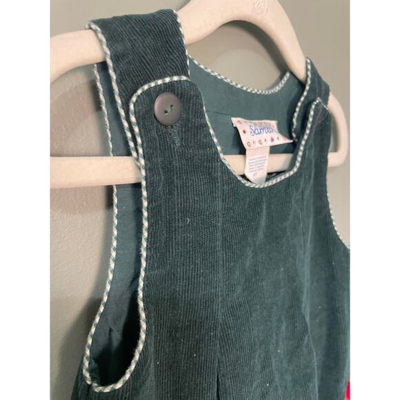 Vintage Samara Dark Green Corduroy Sleeveless Jumper Dress with Puppies. Sz 2T. - Picture 3 of 5